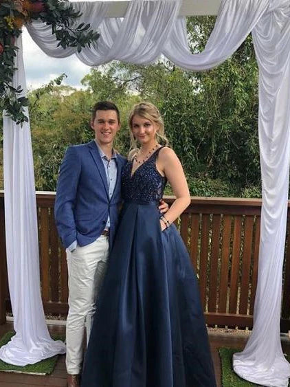 Luolandi Stunning V-neck Satin Prom Dresses A-line Beaded Gowns With Sweep Train Elegant Evening Dress
